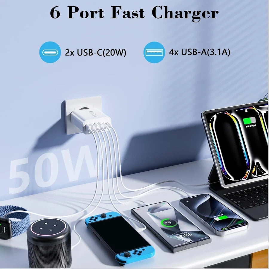50W 6-Port USB C Charger2 USBC 4 USBA Fast USB Charger.